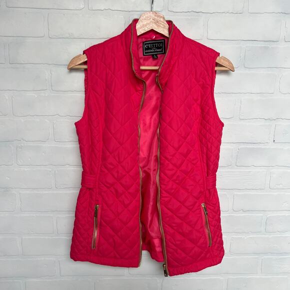 C'ESTTOI USA Barbie Hot Pink Tan Lined Quilted Puffer Gold Zipper Vest -sz S - Picture 1 of 5